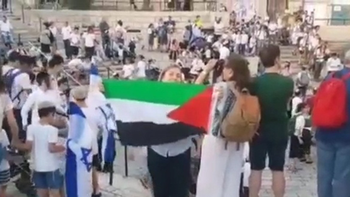 سيدة ترفع العلم الفلسطيني وسط مسيرة الأعلام الإسرائيلية