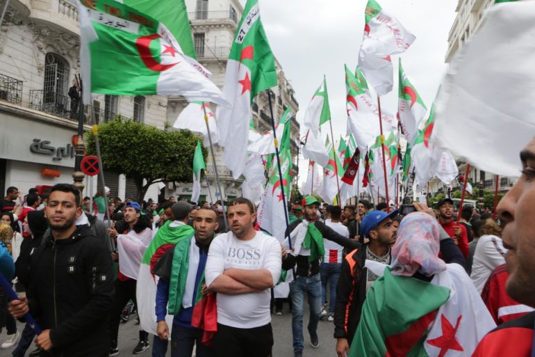 Algerians hold anti-regime demos for 11th Friday in row- - ALGIERS, ALGERIA - MAY 3 : Algerians attend a demonstration to demand the departure of all government officials closely associated with former President Abdelaziz Bouteflika in Algiers, Algeria, 03 May 2019.