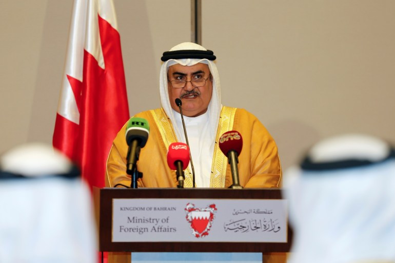 Bahraini Foreign Minister Sheik Khalid bin Ahmed Al Khalifa reads the joint statement after the foreign ministers of Saudi Arabia, Bahrain, the United Arab Emirates and Egypt meeting to discuss their dispute with Qatar, in Manama, Bahrain July 30, 2017. REUTERS/Hamad I Mohammed