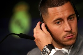MADRID, SPAIN - JUNE 13: New Real Madrid signing Eden Hazard speaks to media during a press conference after he is unveiled at Estadio Santiago Bernabeu on June 13, 2019 in Madrid, Spain. (Photo by Angel Martinez/Getty Images)