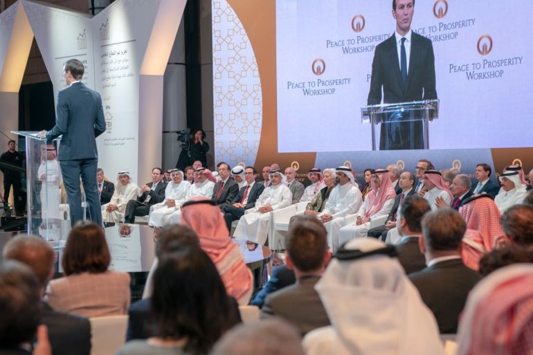 US-led economic conference in Bahrain- - MANAMA, BAHREIN - JUNE 25: Jared Kushner, U.S. President Donald Trump’s senior White House adviser and son-in-law makes his opening speech at Bahrain Workshop in Manama, Bahrain on June 25, 2019. A U.S.-led conference on its back-channel Middle East peace plan