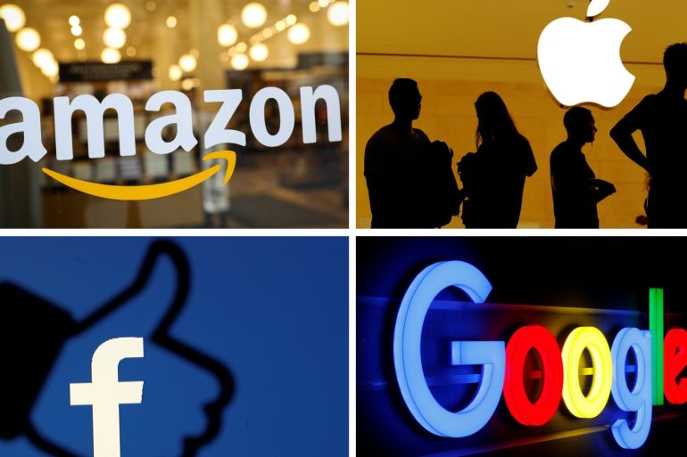 The logos of Amazon, Apple, Facebook and Google are seen in a combination photo from Reuters files. REUTERS/File Photos