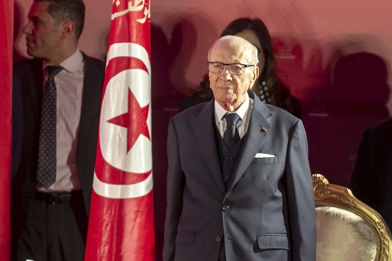 Tunisian President Beji Caid Essebsi- - TUNIS, TUNISIA - APRIL 06: Tunisian President Beji Caid Essebsi attends to address supporters during the launch of his party Nidaa Tounes' congress in the coastal city of Monastir, about 160 kilometres south of the capital Tunis, Tunisia on April 06, 2019.