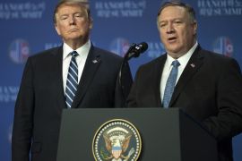 HANOI, VIETNAM - FEBRUARY 28: U.S. secretary of state, Mike Pompeo, speaks at a news conference while U.S. President Donald Trump looks on following his second summit meeting with North Korean leader Kim Jong-un on February 28, 2019 in Hanoi, Vietnam. U.S President Donald Trump and North Korean leader Kim Jong-un abruptly cut short their two-day summit in Vietnam as talks broke down and both leaders failed to reach an agreement on nuclear disarmament. Trump said in a pr