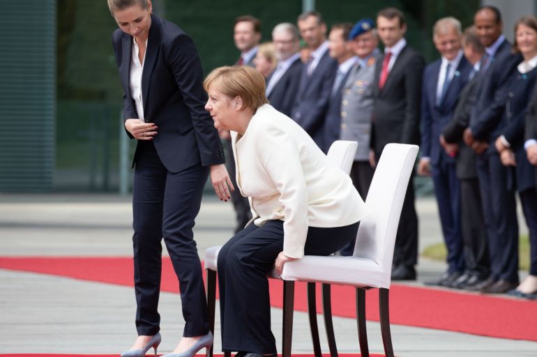 BERLIN, GERMANY - JULY 11: German Chancellor Angela Merkel (R) and new Danish Prime Minister Mette Frederiksen take their seats before the national anthems of the two countries are played at the Chancellery on July 11, 2019 in Berlin, Germany. Frederiksen, a Social Democrat, became prime minister following Danish parliamentary elections on June 5 that gave an alliance of left-wing and centrist parties a majority. (Photo by Omer Messinger/Getty Images)