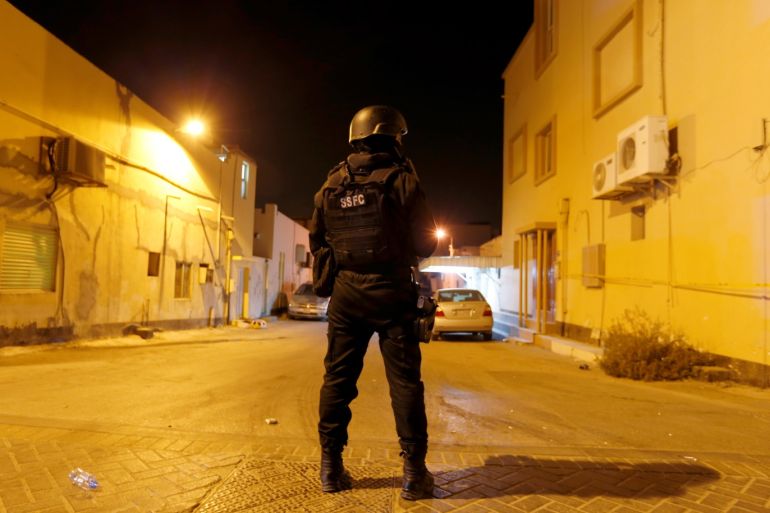 A Special Force personnel guards an entrance to the crime scene where a blast killed one and seriously injured two police officers in the village of Diraz west of Manama, Bahrain, June 19, 2017. REUTERS/Hamad I Mohammed