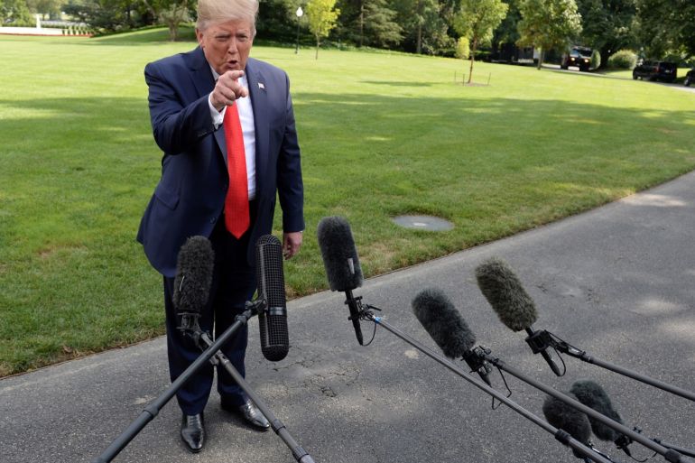U.S. President Donald Trump speaks to the media before departing the White House en route West Virginia in Washington, U.S., July 24, 2019. REUTERS/Mary F. Calvert