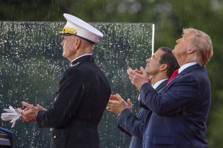 WASHINGTON, DC - JULY 04: President Donald Trump watches a flyover on July 04, 2019 in Washington, DC. President Trump is holding a