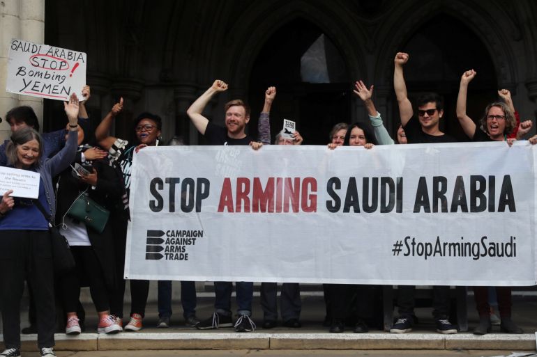 Demonstrators react outside the Court of Appeal after the results in the court case regarding the judgment of a legal battle by campaigners to challenge the UK government’s decision to grant licences for the export of arms to Saudi Arabia in London, Britain June 20, 2019. REUTERS/Simon Dawson