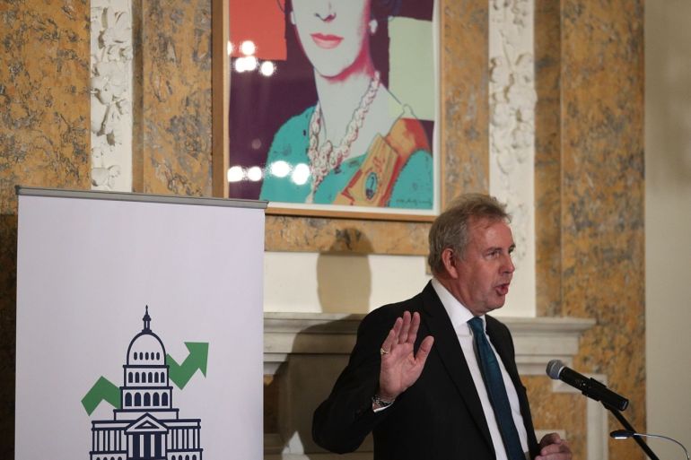 WASHINGTON, DC - OCTOBER 20: British Ambassador to the U.S. Kim Darroch speaks during an annual dinner of the National Economists Club at the British Embassy October 20, 2017 in Washington, DC. Federal Reserve Chair Janet Yellen gave a lecture on