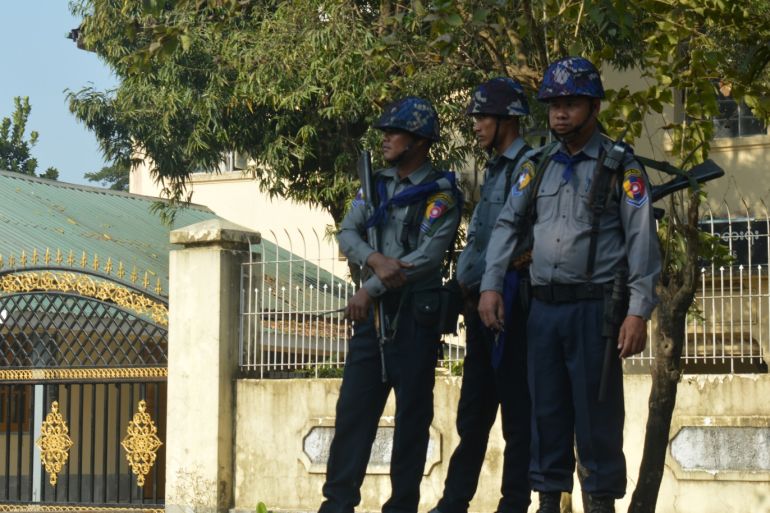 SITTWE, MYANMAR - FEBRUARY 24: Soldiers stand guard at the site of a bomb explosion on February 24, 2018 in Sittwe, Myanmar. Three bombs exploded in Sittwe, the capital of Myanmar's restive Rakhine province. According to reports, one police was slightly injured while authorities are still working to find out who was behind the attacks. (Photo by Stringer/Getty Images)