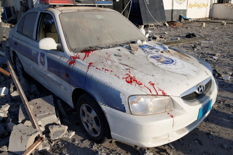 ATTENTION EDITORS - SENSITIVE MATERIAL. THIS IMAGE MAY OFFEND OR DISTURB Blood stains are seen on a police car at a detention centre for mainly African migrants, hit by an airstrike in the Tajoura suburb of Tripoli, Libya July 3, 2019. REUTERS/Ismail Zitouny
