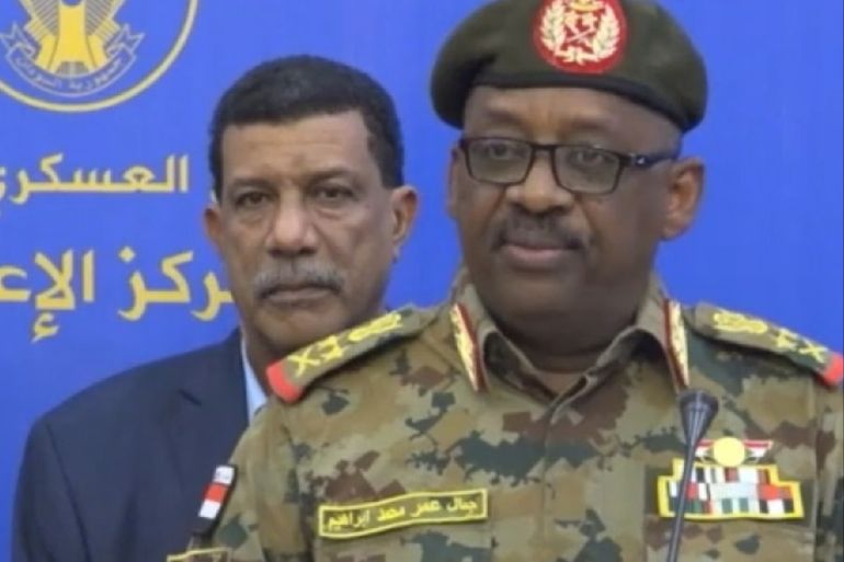 Sudan’s military says it foiled fresh coup attempt- - KHARTOUM, SUDAN - JULY 12: A screen grab captured from the statement broadcast live on state-run television shows General Jamal Omar (front), chairman of the ruling military council’s Committee on Security and Defense, declares that it had foiled an attempted coup in Khartoum, Sudan on July 12, 2019.