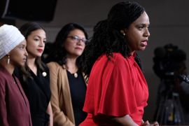 WASHINGTON, DC - JULY 15: U.S. Rep. Ayanna Pressley (D-MA), speaks while Reps. Ilhan Omar (D-MN), Alexandria Ocasio-Cortez (D-NY), and Rashida Tlaib (D-MI) listen during a press conference at the U.S. Capitol on July 15, 2019 in Washington, DC. President Donald Trump stepped up his attacks on four progressive Democratic congresswomen, saying if they're not happy in the United States