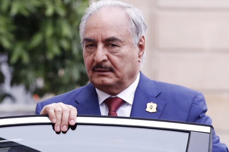 epa07487108 (FILE) - Libya Chief of Staff, Marshall Khalifa Haftar arrives for the international congress on Libya, at the Elysee Palace in Paris, France, 29 May 2018 (reissued 05 April 2019).