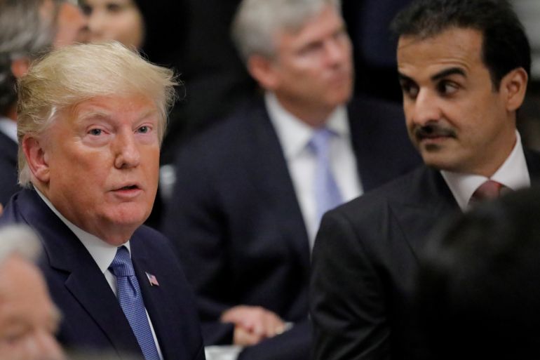 Qatar's Emir Sheikh Tamim bin Hamad Al-Thani attends a dinner with U.S. President Donald Trump at the Department of the Treasury in Washington D.C., U.S., July 8, 2019. REUTERS/Carlos Barria