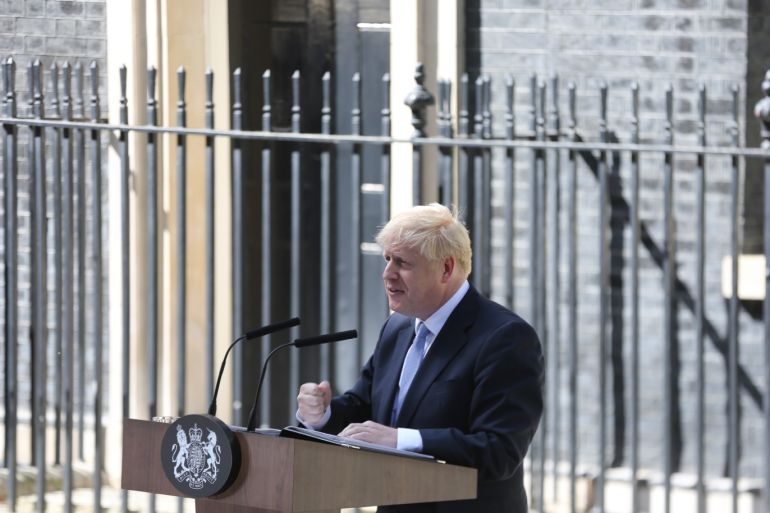 Boris Johnson Arrives In Downing Street To Take The Office Of Prime Minister- - LONDON, ENGLAND - JULY 24: New Prime Minister Boris Johnson speaks to media outside Number 10, Downing Street on July 24, 2019 in London, England.