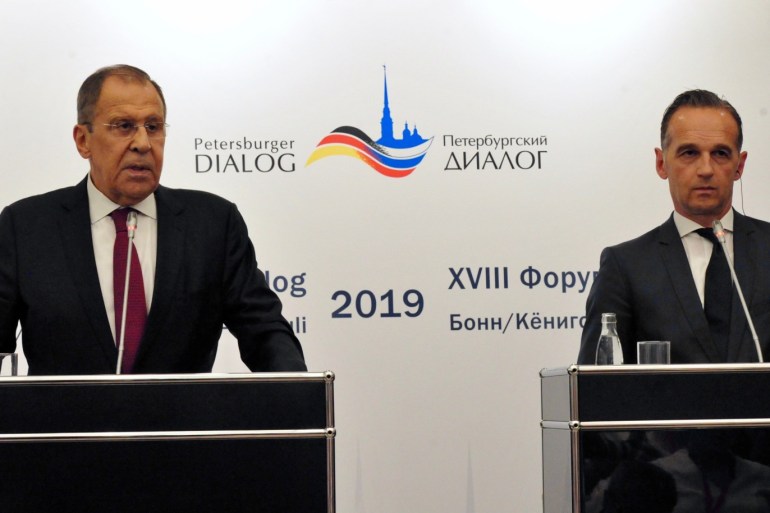 Maas - Lavrov press conference in Konigswinter- - KONIGSWINTER, GERMANY - JULY 18: Russian Foreign Minister Sergey Lavrov (L) and German Foreign Minister Heiko Maas (R) hold joint press conference within the 18th Petersburg Dialogue in Konigswinter, Germany on July 18, 2019.