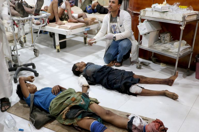 ATTENTION EDITORS - SENSITIVE MATERIAL. THIS IMAGE MAY OFFEND OR DISTURB Boys injured by an air strike on a market in Yemen's Saada province receive medical attention at a local Al Jomhouri hospital in Saada, Yemen July 29, 2019. REUTERS/Naif Rahma