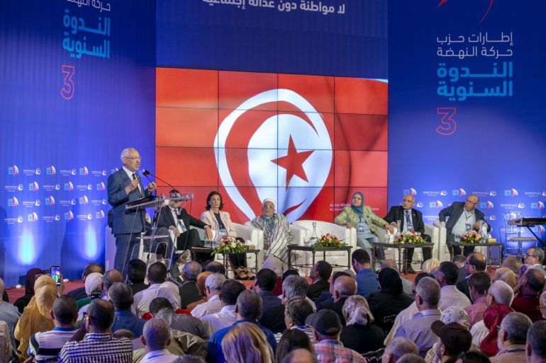 Tunisia’s Ennahda movement leader Rachid Ghannouchi- - TUNIS, TUNISIA - JUNE 23: Rachid Ghannouchi, head of Tunisia’s Ennahda movement makes a speech during the yearly meeting of Ennahda movement, at Carthage Thalasso Hotel in Tunis, Tunisia on June 23, 2019.