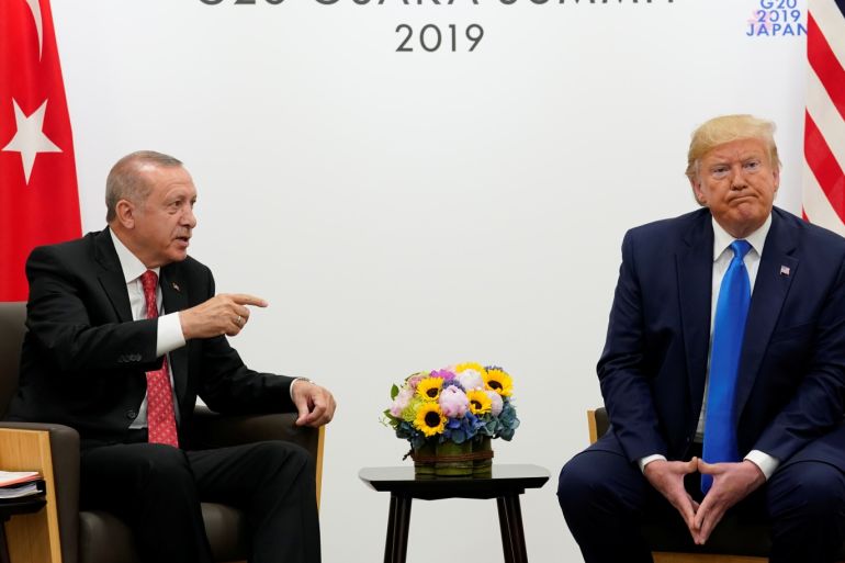 U.S. President Donald Trump attends a bilateral meeting with Turkey's President Tayyip Erdogan during the G20 leaders summit in Osaka, Japan, June 29, 2019. REUTERS/Kevin Lamarque