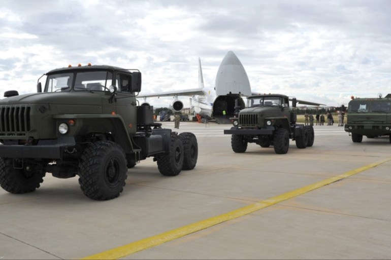 A handout photo made available by Turkish Defence Ministry press office shows Russian military cargo planes carrying some part of the Russian S-400 anti-aircraft missile system purchased from Russia after arriving to Turkey at the Akincilar airbase in Ankara, Turkey, 12 July 2019. NATO intended to stop Turkey from purchasing S-400 missiles from Russia, and recommended to rather buy US-made systems. Washington threatened to sanction Turkey and expel it from its F-35 fift