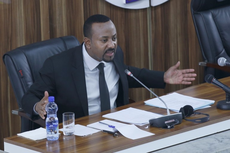 Prime Minister of Ethiopia Abiy Ahmed- - ADDIS ABABA, ETHIOPIA - JULY 01 : Prime Minister of Ethiopia, Abiy Ahmed delivers remarks on the latest developments in the country during a session on 2018/2019 budget year at the parliament in Addis Ababa, Ethiopia on July 01, 2019.