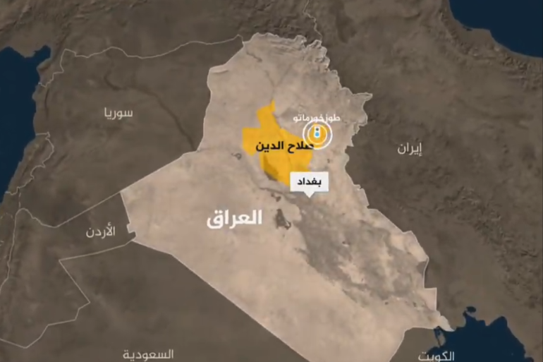 معسكر للحشد الشعبي في منطقة "آمرلي" قرب طوز خورماتو بمحافظة صلاح الدين شمال بغداد تعرض لهجوم بطائرة مسيرة مجهولة