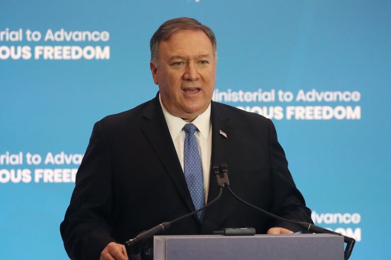 WASHINGTON, DC - JULY 16: U.S. Secretary of State Mike Pompeo delivers opening remarks during the second Ministerial to Advance Religious Freedom, at the Department of State, July 16, 2019 in Washington, DC. Mark Wilson/Getty Images/AFP== FOR NEWSPAPERS, INTERNET, TELCOS & TELEVISION USE ONLY ==