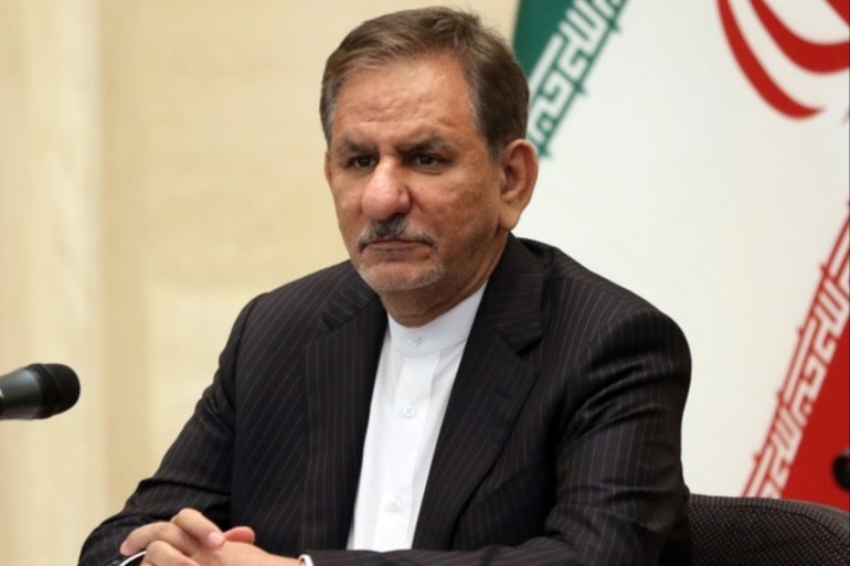 epa07328276 Iranian Vice President Eshaq Jahangiri speaks during a press conference held in Damascus, Syria, 28 January 2019, after the signing-ceremony of several economic agreements that came up at the end of the meetings of the Syrian-Iranian Joint High Committee that was presided over on the Syrian part by Prime Minister Imad Khamais. According to media reports, Jahangiri, heading a senior economic delegation, arrived in the capital earlier in the day to preside ove