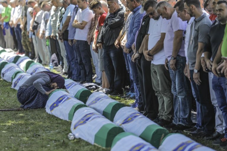 24th anniversary of Srebrenica Genocide- - SREBRENICA, BOSNIA AND HERZEGOVINA - JULY 11: A view of the Srebrenica–Potocari Memorial, during the burial of recently identified remains of 33 victims of Srebrenica Genocide on the 24th anniversary of Srebrenica Genocide on July 11, 2019 in Srebrenica, Bosnia and Herzegovina. Minister of Youth and Sports of Turkey Mehmet Muharrem Kasapoglu, deputies, representatives of international institutions in the country, politicians, d