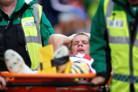 Soccer Football - Pre Season Friendly - Stoke City v Leicester City - bet365 Stadium, Stoke-On-Trent, Britain - July 27, 2019 Stoke City's Ryan Shawcross is stretchered off after sustaining an injury Action Images via Reuters/Ed Sykes