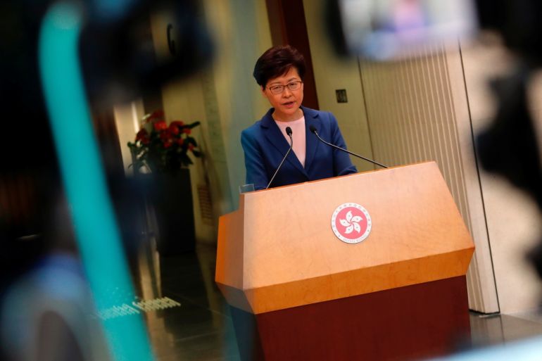 Hong Kong Chief Executive Carrie Lam speaks to media over an extradition bill in Hong Kong, China July 9, 2019. REUTERS/Tyrone Siu