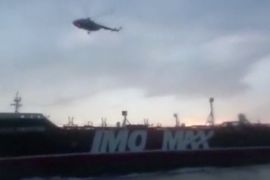 A helicopter hovers over British-flagged tanker Stena Impero near the strait of Hormuz July 19, 2019, in this still image taken from video. Picture taken July 19, 2019. Pool via WANA/Reuters TV via REUTRS. IRAN OUT. NO COMMERCIAL OR EDITORIAL SALES IN IRAN. NO USE BBC PERSIAN. NO USE MANOTO. NO USE VOA PERSIAN
