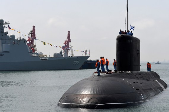 A Russian Navy's submarine arrives for the Chinese-Russian joint naval exercise at Dagang port, in Qingdao, Shandong province, China April 29, 2019. Picture taken April 29, 2019. REUTERS/Stringer ATTENTION EDITORS - THIS IMAGE WAS PROVIDED BY A THIRD PARTY. CHINA OUT.