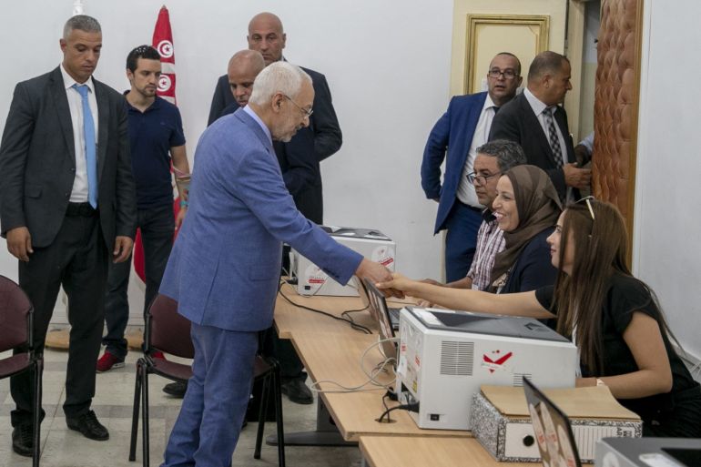 Leader of the En-Nahda Movement Rached Ghannouchi's candidacy application- - TUNIS, TUNISIA - JULY 29: Leader of the En-Nahda Movement Rached Ghannouchi (C) appeals for first rank deputy candidacy from Tunis for the general elections, which will be held on 6th of October, in Tunis, Tunisia on July 29, 2019.