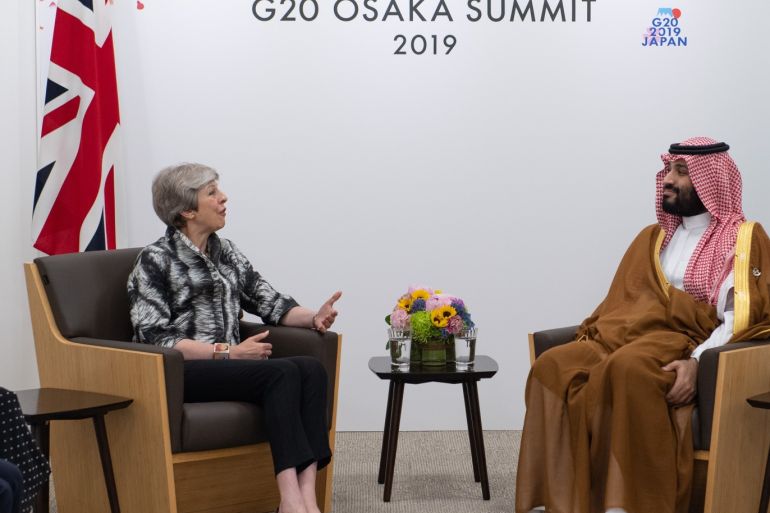 OSAKA, JAPAN - JUNE 29: Britain's Prime Minister, Theresa May, meets the Crown Prince of Saudi Arabia, Mohammad Bin Salman, during a bilateral meeting on June 29, 2019 in Osaka, Japan. World leaders have been meeting in Osaka for the annual Group of 20 summit to discuss economic, environmental and geopolitical issues. The US-China trade war has dominated the agenda with U.S President Trump and China's President Xi Jinping scheduled to meet on Saturday for an extended