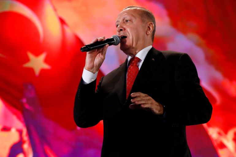 Turkish President Tayyip Erdogan addresses his supporters during a ceremony marking the third anniversary of the attempted coup at Ataturk Airport in Istanbul, Turkey, July 15, 2019. REUTERS/Murad Sezer