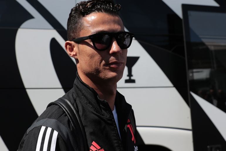 TURIN, ITALY - AUGUST 14: Cristiano Ronaldo of Juventus arrives prior to the Pre-season Friendly match between Juventus A and Juventus B on August 14, 2019 in Villar Perosa near Turin, Italy. (Photo by Emilio Andreoli/Getty Images)