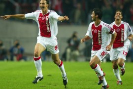 AMSTERDAM - 17 SEPTEMBER: Zlatan Ibrahimovic of Ajax celebrates his goal during the UEFA Champions League First Phase Group D match between Ajax and Lyon at the Amsterdam ArenA in Amsterdam on September 17, 2002. Ajax won 2-1. (photo by Ben Radford/Getty Images)