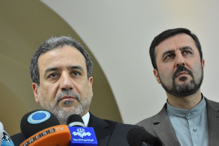 JCPOA Joint Commission meeting in Vienna- - VIENNA, AUSTRIA - JULY 28: Iranian Deputy Foreign Minister Abbas Araghchi (L) makes a speech after attending Joint Comprehensive Plan of Action (JCPOA) meeting on Iran nuclear program under the presidency of EU director Helga Schmid (not seen) in Vienna, Austria on July 28, 2019.