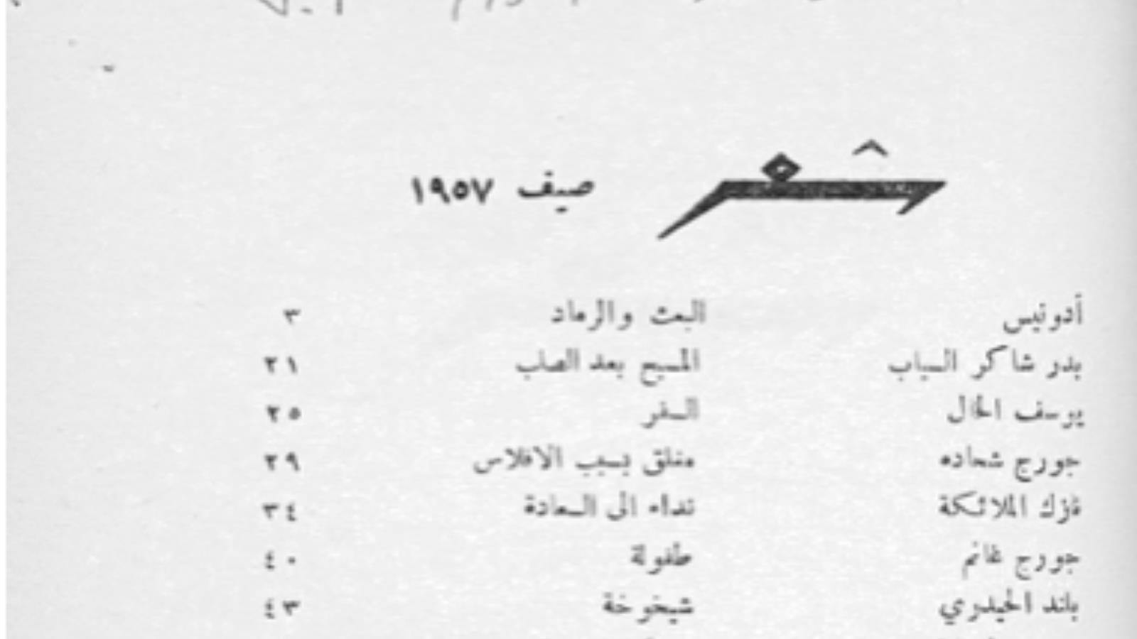 ‪جدول المحتويات لعدد من المجلة شمل قصائد عدد من الشعراء‬ (الجزيرة)