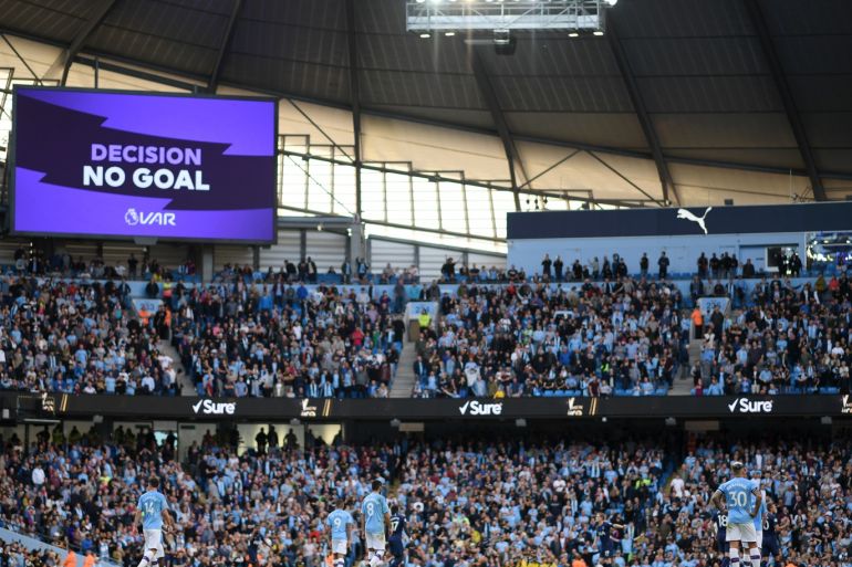 MANCHESTER, ENGLAND - AUGUST 17: The big screen shows the VAR decision of No Goal for Gabriel Jesus of Manchester City third goal during the Premier League match between Manchester City and Tottenham Hotspur at Etihad Stadium on August 17, 2019 in Manchester, United Kingdom. (Photo by Shaun Botterill/Getty Images)