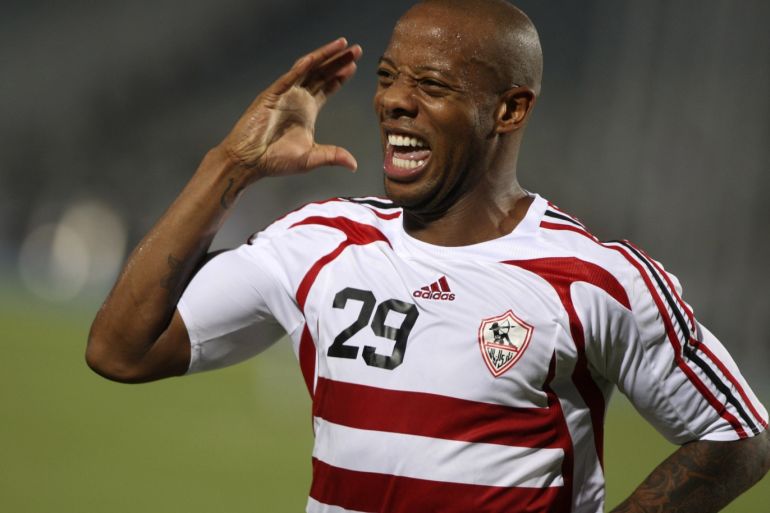 El Zamalek's Junior Agogo celebrates after scoring against Al ahlyl during their African Champions League soccer match in Cairo September 14, 2008. REUTERS/Amr Dalsh (EGYPT)
