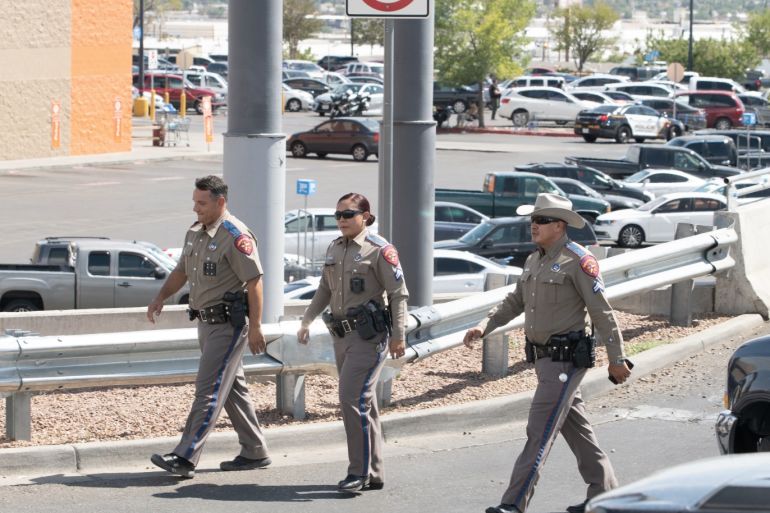 Texas: Mass shooting leaves many killed, wounded- - TEXAS, USA - AUGUST 03: Police officers take security measures at the scene of shooting incident at a Walmart in El Paso, Texas, United States on August 03, 2019. Reports state that at least 10 people have been killed and 30 are injured. Police say that one male suspect is in custody. Local media reports say there were at least 18 wounded, including some in critical condition, adding that many police vehicles and ambulances were dispatched to the scene.