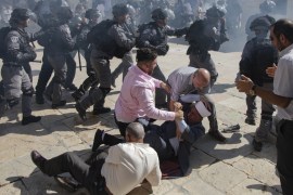 Israeli forces attack Palestinian worshipers in Al-Aqsa- - JERUSALEM - AUGUST 11: Israeli forces attack Palestinian worshipers, who wanted to stop fanatic Jews' raids, in Jerusalem’s flashpoint Al-Aqsa mosque complex, injuring at least 37, in Jerusalem on August 11, 2019.
