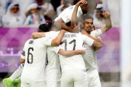 Al Sadd v Al Duhail : Qatar Emir Cup- - DOHA, QATAR - MAY 16: Akram Hassan Afif (R) of Al Sadd celebrates with his teammates after scoring a goal during Qatar Emir Cup final between Al Sadd and Al Duhail at AL Wakrah Stadium in Doha, Qatar on May 16, 2019.