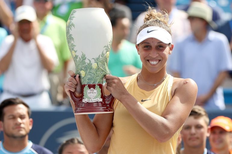 MASON, OHIO - AUGUST 18: Madison Keys poses for photographers after defeating Svetlana Kuznetsova of Russia in the women's final during the Western & Southern Open at Lindner Family Tennis Center on August 18, 2019 in Mason, Ohio. Matthew Stockman/Getty Images/AFP== FOR NEWSPAPERS, INTERNET, TELCOS & TELEVISION USE ONLY ==