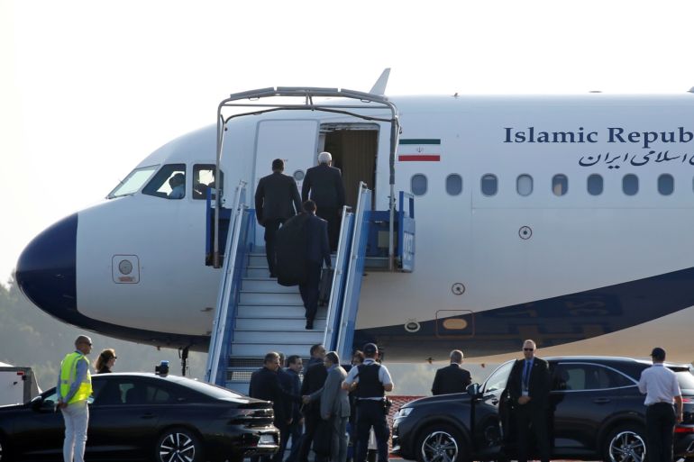 An Iranian government plane is seen on the tarmac at Biarritz airport in Anglet during the G7 summit in Biarritz, France, August 25, 2019. Iran’s foreign minister Mohammad Javad Zarif arrived on Sunday in Biarritz, southwestern France, where leaders of the G7 group of nations are meeting, an Iranian official said. REUTERS/Regis Duvignau