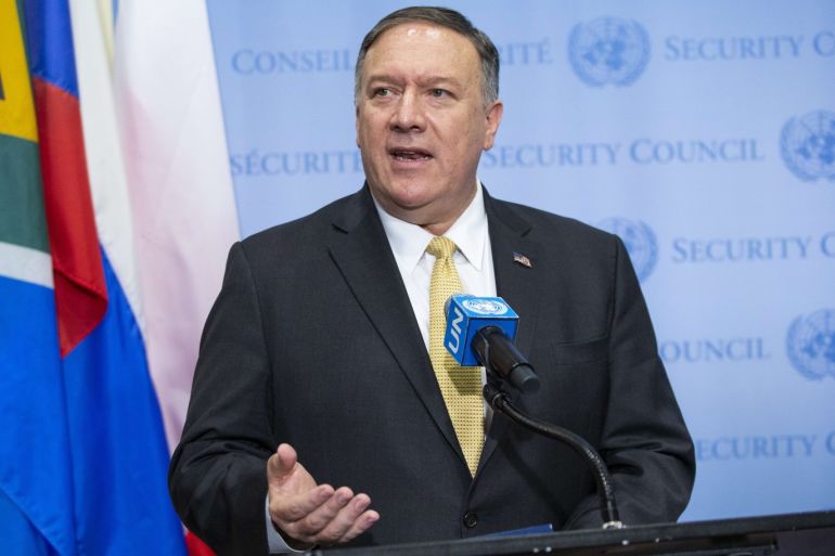NEW YORK, NY - AUGUST 20: U.S. Secretary of State Mike Pompeo speaks in a media stakeout during the Security Council meeting on August 20, 2019 in New York City. Prior to the meeting on the Middle East, Pompeo acknowledged that ISIS has gained ground in some areas. Eduardo Munoz Alvarez/Getty Images/AFP== FOR NEWSPAPERS, INTERNET, TELCOS &amp; TELEVISION USE ONLY ==